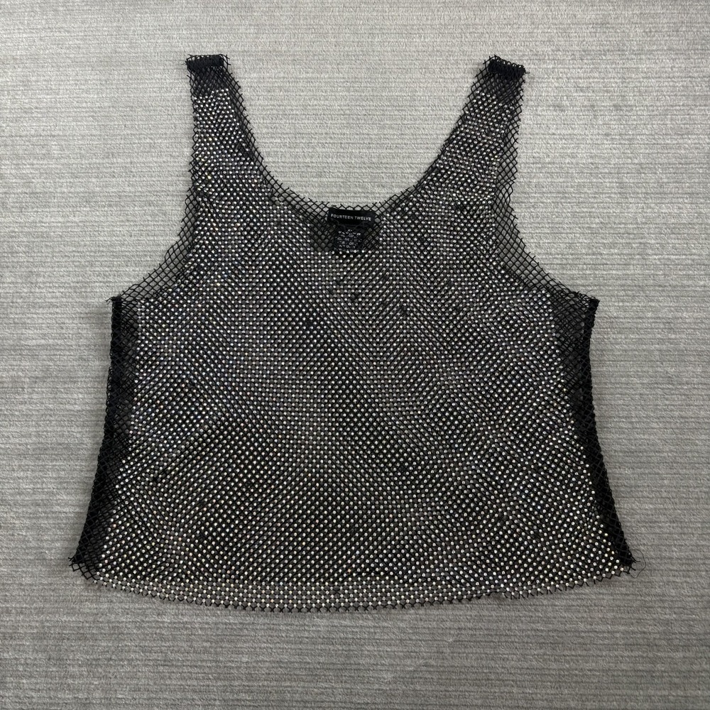 Sheer Rhinestone Netted Tank Top Womens XL Black Scoop Neck Rave Festival